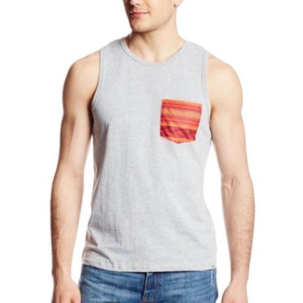 Men's‎ Reef Sun Fade Gray Sleeveless Tank Top with Screen Print Pocket